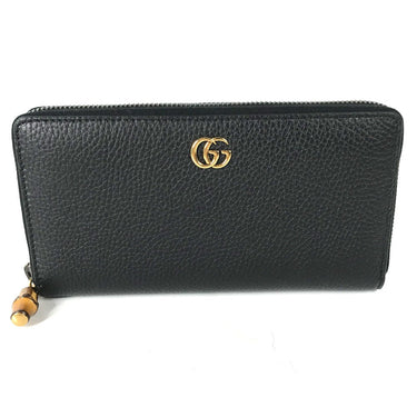 GUCCI Long Wallet Purse 739499 leather Navy GG Marmont Bamboo Zip Around Women Used Authentic